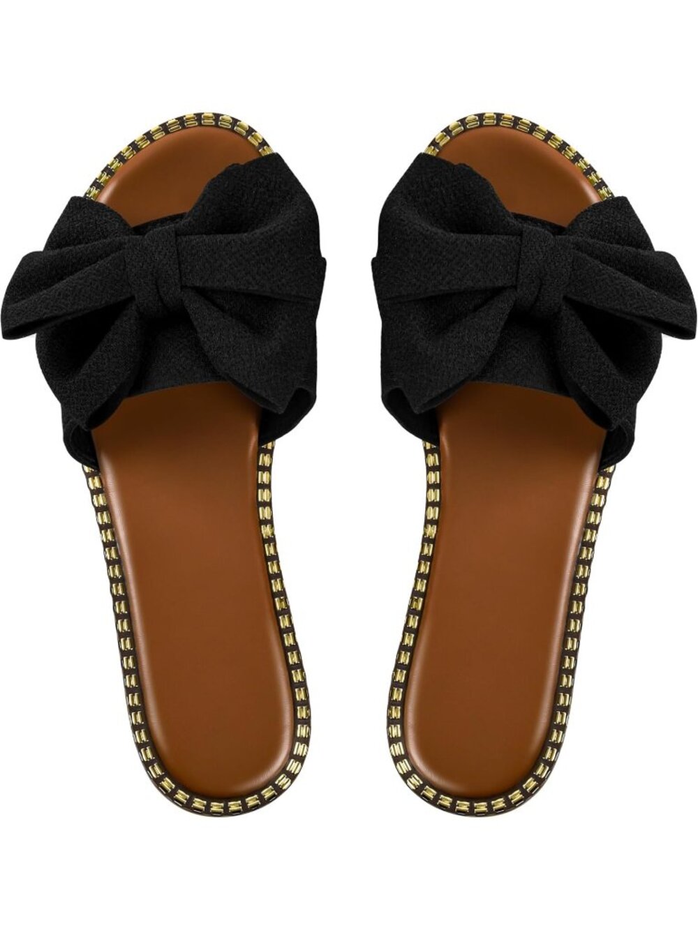 Women's Black Bow Knot Slides Open Toe Solid Slip On Casual Flat Sandal Shoes